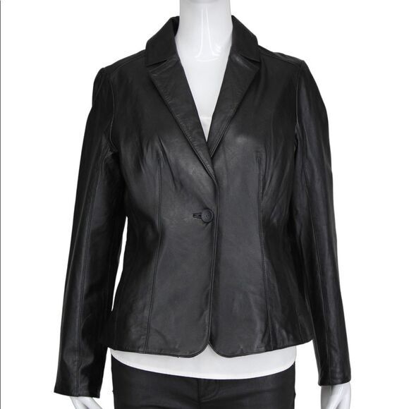 BirryShop‎ Black Genuine Leather Blazer Collar One Button Front Pockets Women’s - Picture 1 of 14